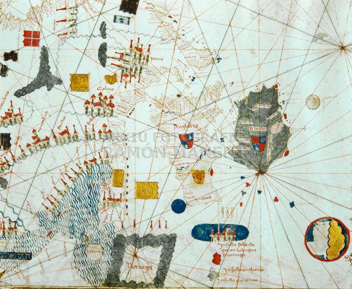 CARTA NAUTICA VALLSECA S XV MMB 3236 
DETALL D´ANGLATERRA I IRLANDA 
M M B