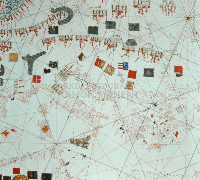 CARTA NAUTICA VALLSECA S XV MMB 3236 
DETALL ITÀLIA I SICILIA AL NORD ELS ALPS 
M M B