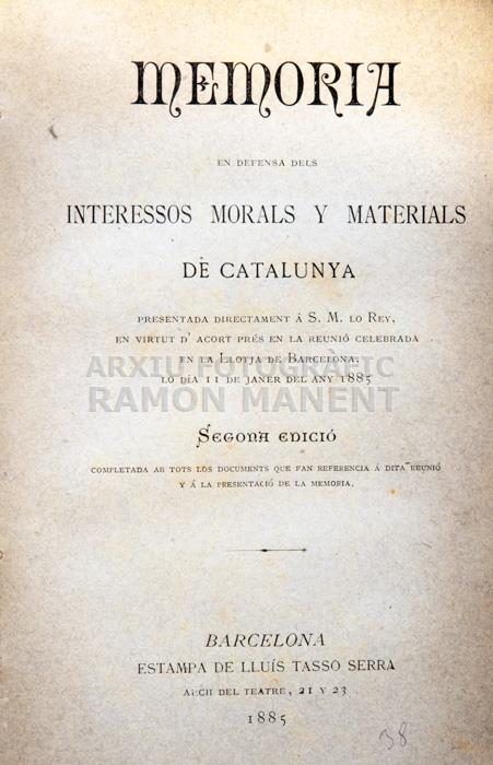 -MEMORIA EN DEFENSA DELS INTERESSOS MORALS I MATERIALS DE CATALUNYA- I M H