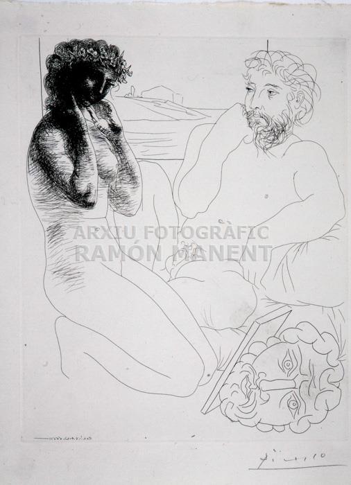 -ESCULTOR I MODEL ES MIREN EN UN MIRALL SOBRE UN AUTORRETRAT ESCULPIT-
C P