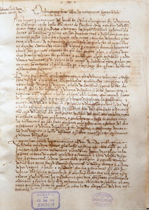 ORDINACIONS DEL CONSELL DE CENT SOBRE ELS TESTAMENTS SACRAMENTALS 
BIBLIOTECA DEL COL LEGI D´ADVOCATS