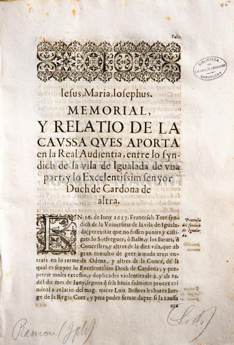 -MEMORIAL-1627 S XVII 
BIBLIOTECA COL LEGI ADVOCATS